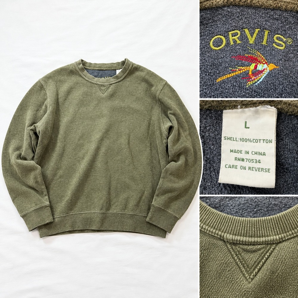 Orvis Sweatshirt Mens Large Crew Neck Solid Green 100% Cotton fly fishing